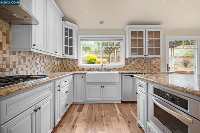 kitchen featuring sink, appliances with stainless steel finishes, light hardwood / wood-style floors, white cabinets, and wall chimney exhaust hood