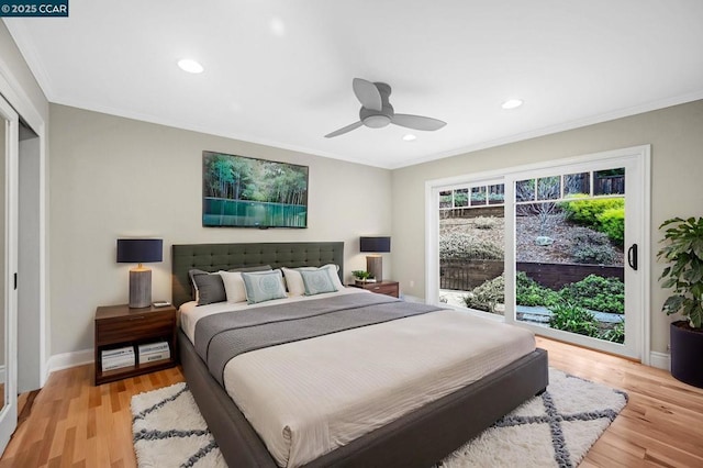 bedroom featuring access to exterior, ornamental molding, light hardwood / wood-style floors, and ceiling fan