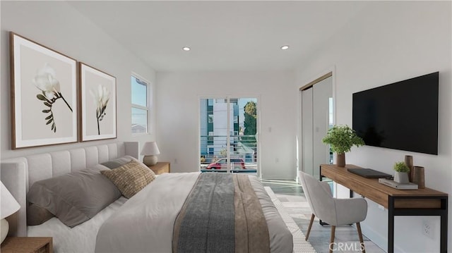 236 N Burlington, Los Angeles, CA 90026 - bedroom with access to exterior, recessed lighting, and wood finished floors
