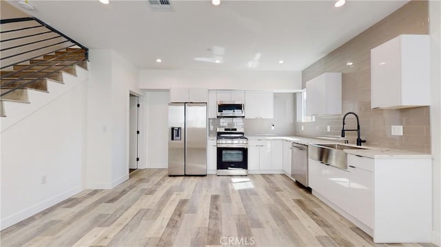 kitchen with stainless steel appliances, sink, white cabinets, and backsplash