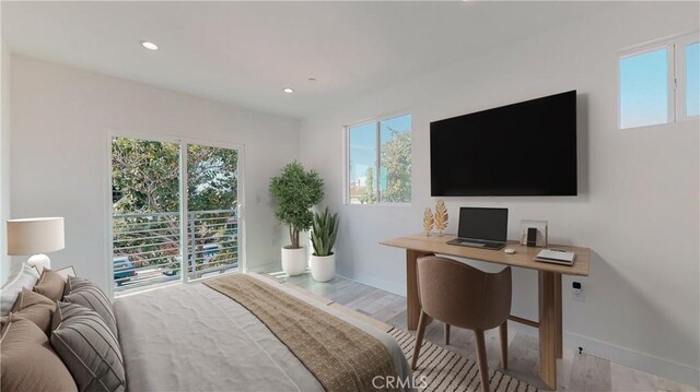 236 N Burlington, Los Angeles, CA 90026 - bedroom with multiple windows, wood finished floors, recessed lighting, an office area, and access to outside