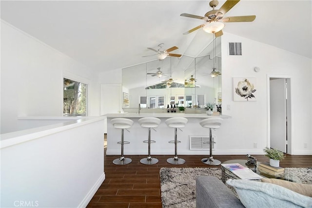 living room featuring lofted ceiling