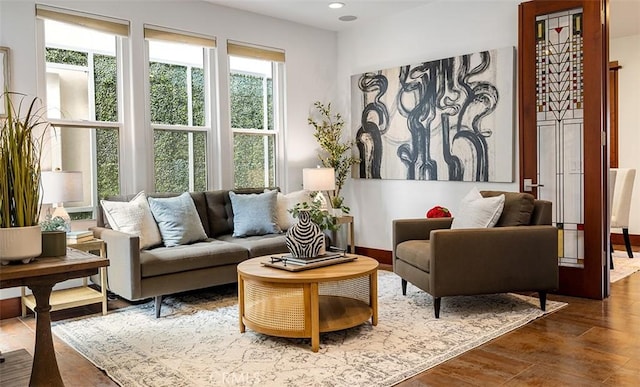 living area featuring wood finished floors and recessed lighting