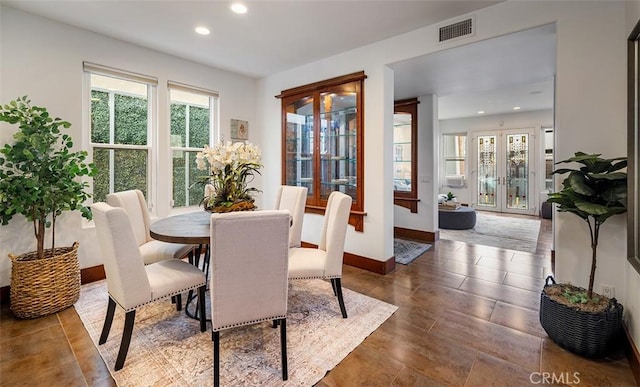 dining room with recessed lighting, visible vents, baseboards, and french doors