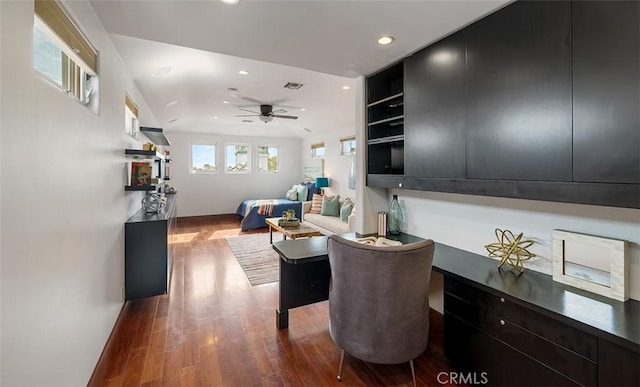 living area with recessed lighting, wood finished floors, visible vents, and a ceiling fan