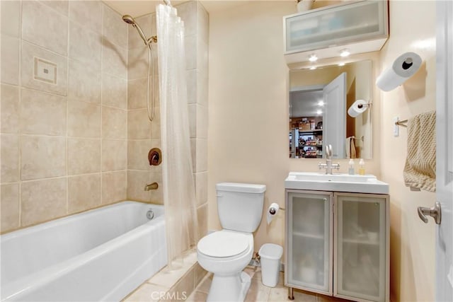 bathroom featuring toilet, shower / bathtub combination with curtain, tile patterned flooring, and vanity