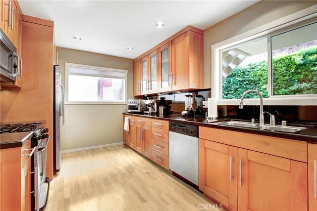 kitchen featuring stainless steel appliances, sink, and light hardwood / wood-style floors