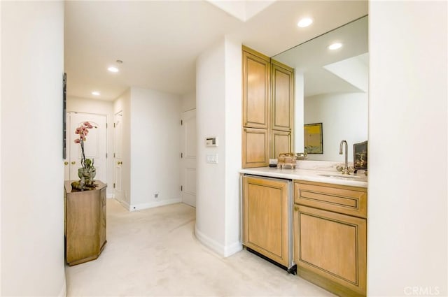 interior space with sink and light colored carpet