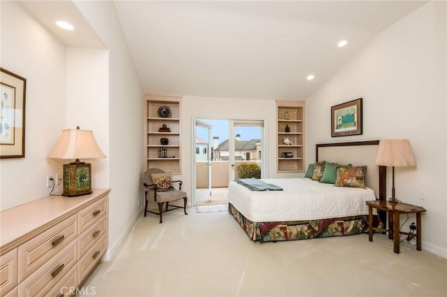 bedroom with vaulted ceiling, light colored carpet, and access to exterior