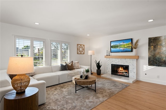 living room featuring hardwood / wood-style floors and a fireplace