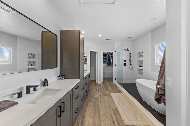 bathroom featuring vanity, hardwood / wood-style flooring, plenty of natural light, and independent shower and bath