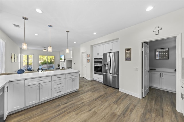 kitchen with ceiling fan, appliances with stainless steel finishes, white cabinetry, dark hardwood / wood-style floors, and decorative light fixtures