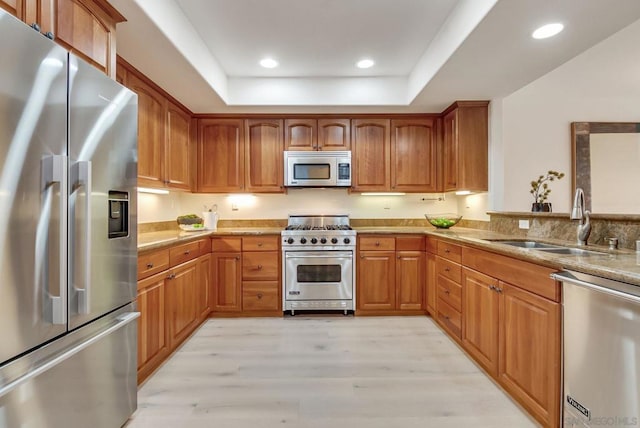 kitchen featuring sink, a tray ceiling, light wood-type flooring, and appliances with stainless steel finishes