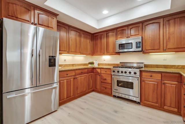 kitchen featuring stainless steel appliances, a tray ceiling, and light hardwood / wood-style flooring