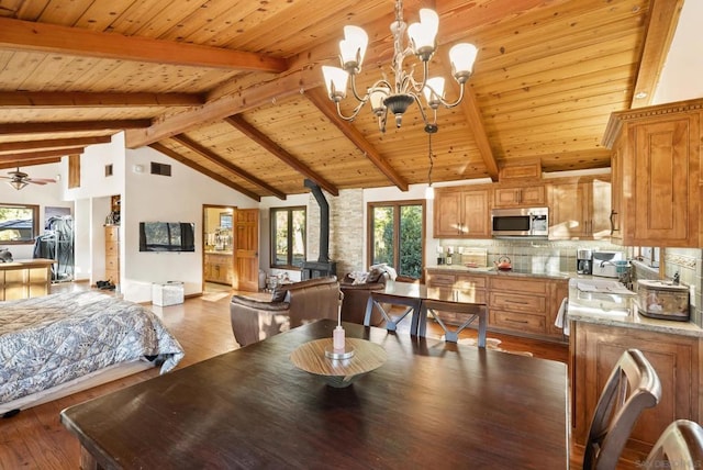 dining room featuring hardwood / wood-style floors, high vaulted ceiling, a wood stove, wooden ceiling, and beam ceiling