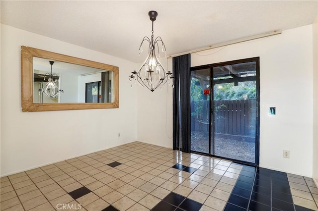 unfurnished dining area with tile patterned floors and a notable chandelier