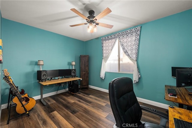 office featuring dark wood-type flooring and ceiling fan