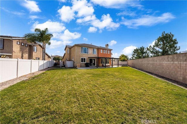 rear view of house with central AC, a patio, and a lawn