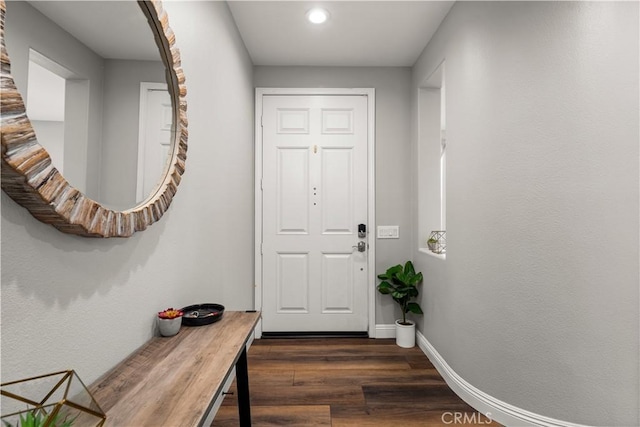 doorway to outside featuring dark wood-type flooring