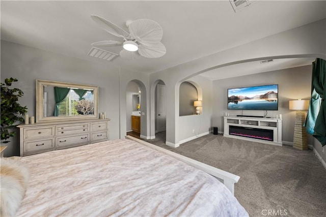 carpeted bedroom featuring ceiling fan