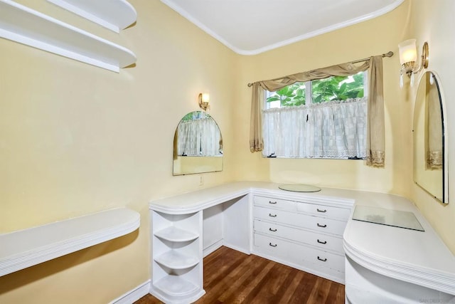 bathroom with ornamental molding and wood-type flooring