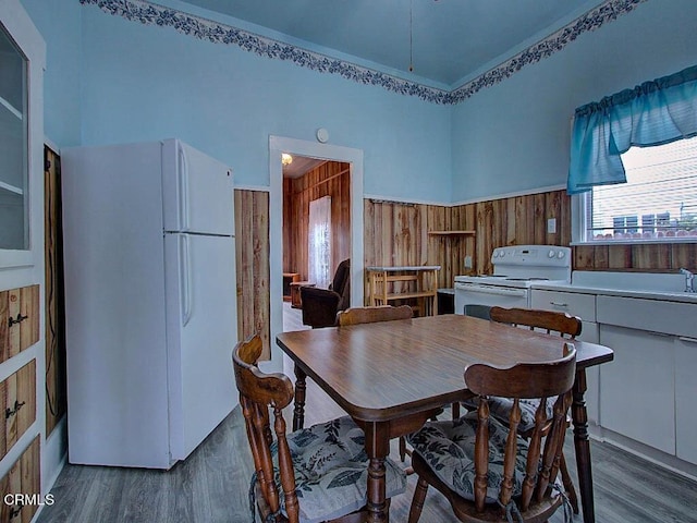 dining space featuring dark wood-type flooring and wooden walls