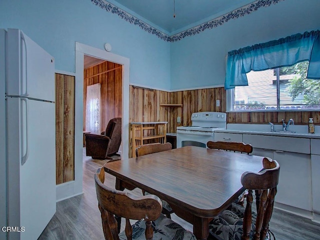 dining space with wood-type flooring and wooden walls