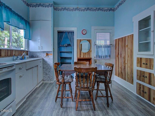 dining room featuring a high ceiling, wood-type flooring, and sink