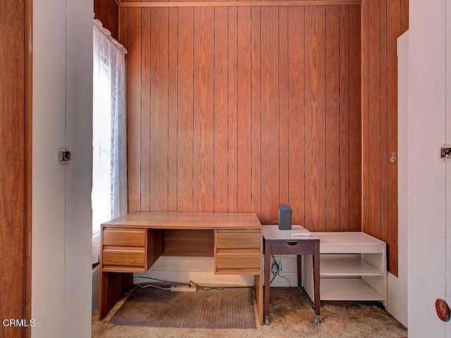 home office featuring wooden walls and carpet floors