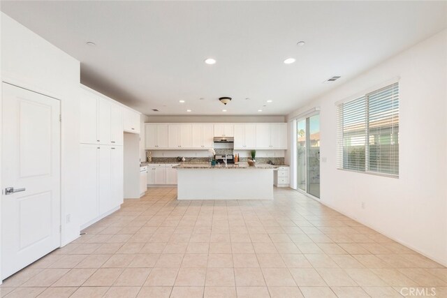 kitchen with white cabinetry, sink, an island with sink, and stone counters