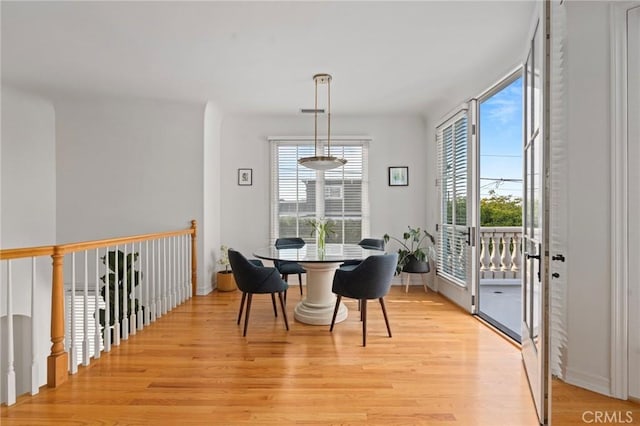 dining space with plenty of natural light and light hardwood / wood-style floors