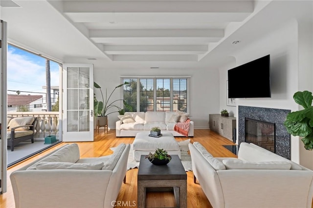living room featuring a fireplace with flush hearth, wood finished floors, and a healthy amount of sunlight