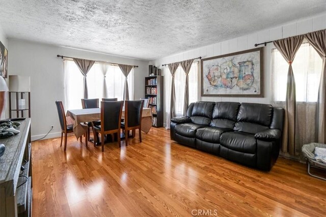 living room featuring wood-type flooring and a textured ceiling