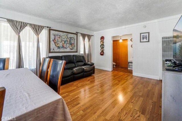 living room with hardwood / wood-style flooring and a textured ceiling