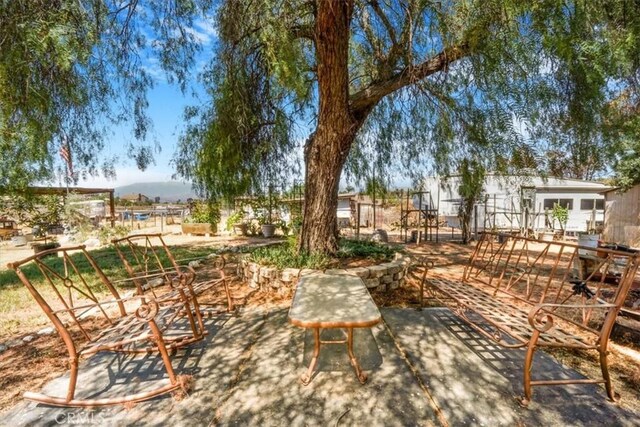 view of patio featuring a mountain view