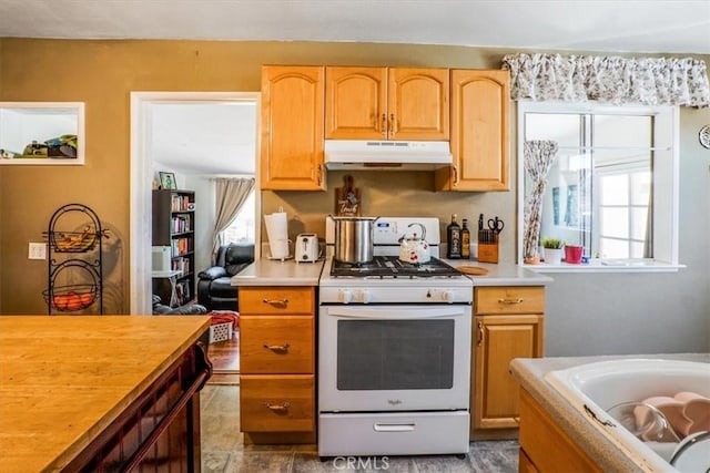 kitchen with plenty of natural light and white range with gas stovetop