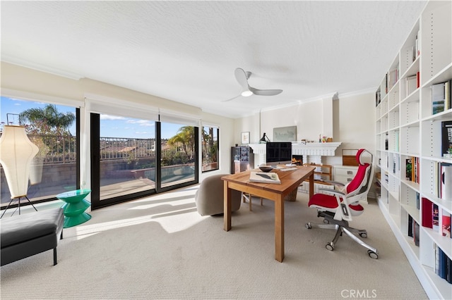 home office featuring light carpet, ceiling fan, crown molding, and a textured ceiling