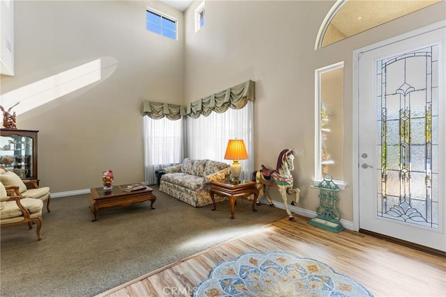 foyer with light hardwood / wood-style flooring and a high ceiling