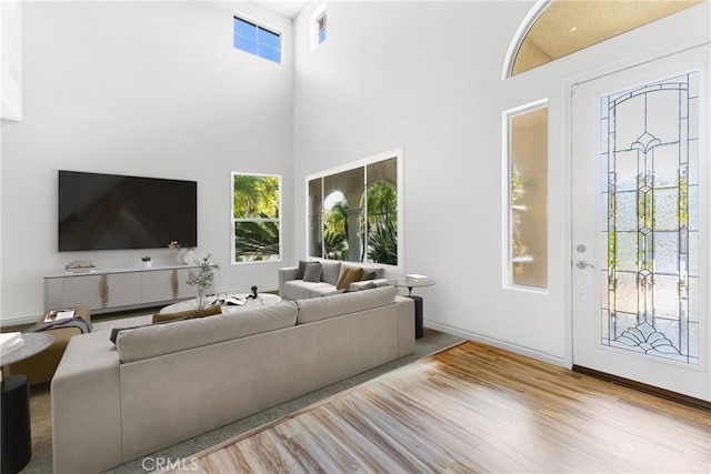 living room featuring baseboards, wood finished floors, and a towering ceiling