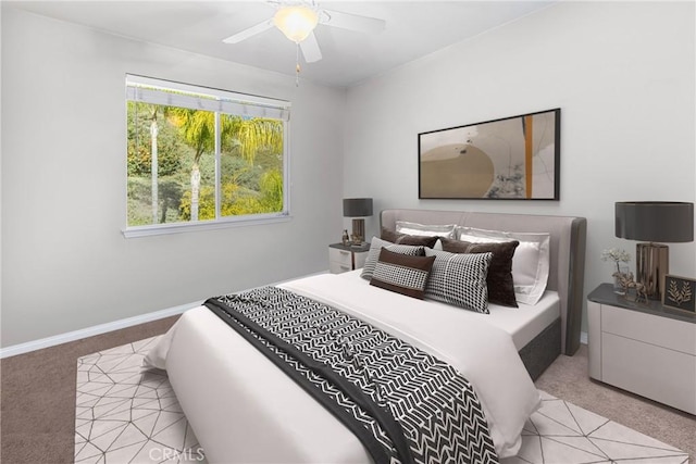 bedroom with light carpet, a ceiling fan, and baseboards