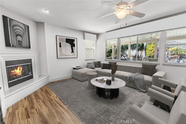 living area featuring a glass covered fireplace, wood finished floors, baseboards, and a ceiling fan