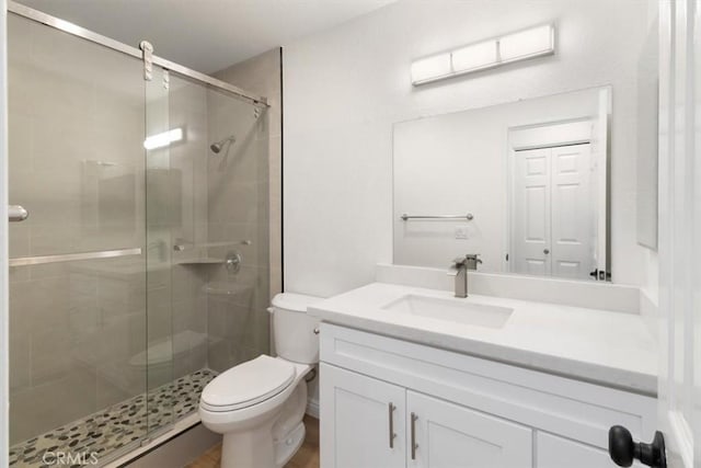 bathroom with vanity, toilet, and walk in shower