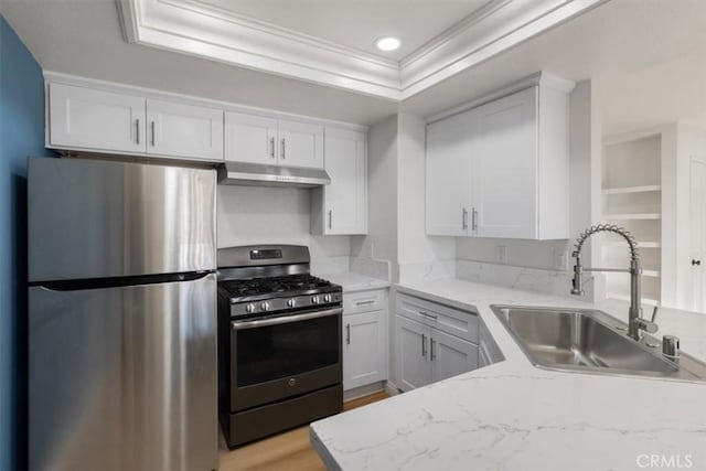 kitchen with sink, white cabinets, a tray ceiling, stainless steel appliances, and light stone countertops