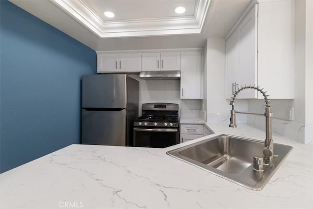 kitchen featuring sink, crown molding, stainless steel appliances, white cabinets, and a raised ceiling