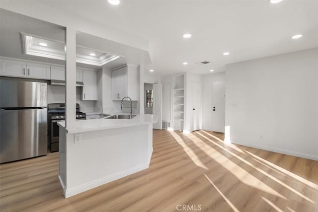 kitchen featuring sink, light hardwood / wood-style flooring, white cabinetry, stainless steel appliances, and a raised ceiling