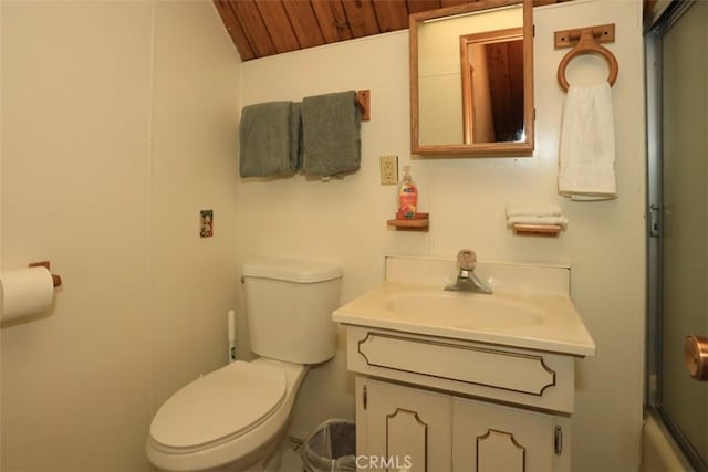 bathroom featuring vanity, toilet, vaulted ceiling, and wooden ceiling