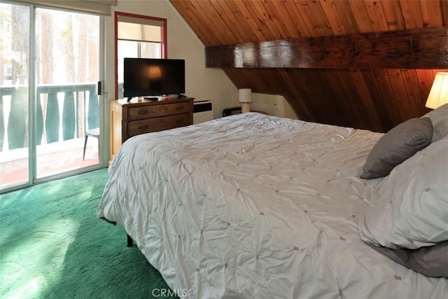 carpeted bedroom featuring lofted ceiling and access to outside