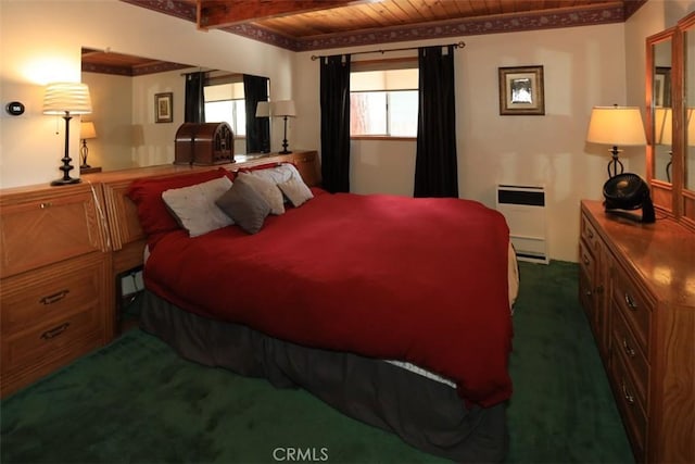 bedroom featuring dark colored carpet, heating unit, and wooden ceiling