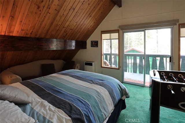 carpeted bedroom featuring vaulted ceiling with beams, access to outside, and wood ceiling