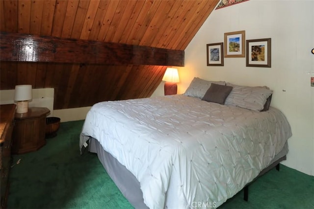 carpeted bedroom featuring lofted ceiling and wooden ceiling